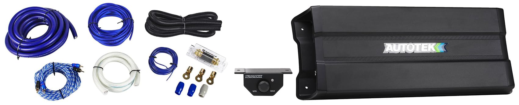 Audiosavings Bundle: MM-4025.1D 4000w 1 Ohm Mono Amplifier Compact Car Audio Amp+Bass Remote Bundle with Rockville RWK01 0 Gauge Complete Car Amp Wiring Installation Wire Kit w/RCA's (2 Items)
