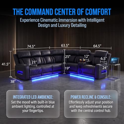 Image of Breathable Leather Power Recliner Sectional Sofa, Bass Speakers, Cup Holder & Storage Console for Living Room Home Theater