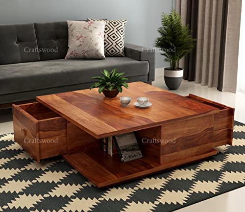 Image of Solid Sheesham Wood Coffee Table with 2 Storage Drawers | Pre-Assembled Wooden Centre Table for Living Room | Modern Sofa Tea Table | Handcrafted Teapoy in Honey Finish