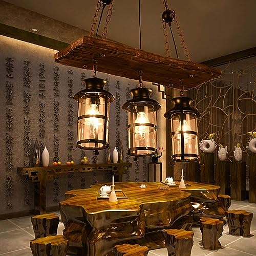 Suspension réglable E27 lustre vintage en bois et fer forgé pour luminaire de chambre rustique