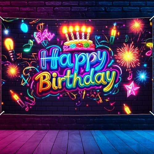 Qpout Toile de fond d'anniversaire néon – Bannière de fête phosphorescente pour décorations d'anniversaire néon vibrantes, parfaite pour cabine photo et fournitures de fête néon (1,8 x 1,1 m) Qpout Toile de fond d'anniversaire néon – Bannière de fête phosphorescente pour décorations d'anniversaire néon vibrantes, parfaite pour cabine photo et fournitures de fête néon (1,8 x 1,1 m)