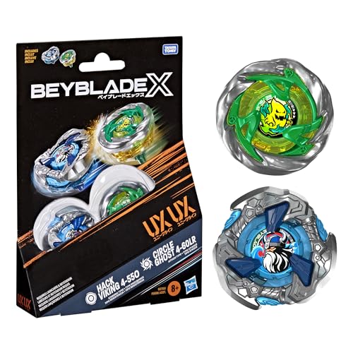 Image of Beyblade X Circle Ghost 4-60LR UX & Hack Viking 4-55O UX Takara Tomy Dual Pack Set with 2 Right-Spinning Tops, Battling Tops Game Toys, Ages 8+