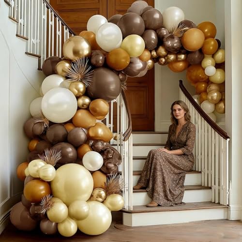 Image of Brown Balloon Arch Kit Double Stuffed Dark Tan Pearl White Sand Gold Balloon Garland for Neutral Birthday Baby Shower Gender Reveal Bridal Graduation Party Decorations