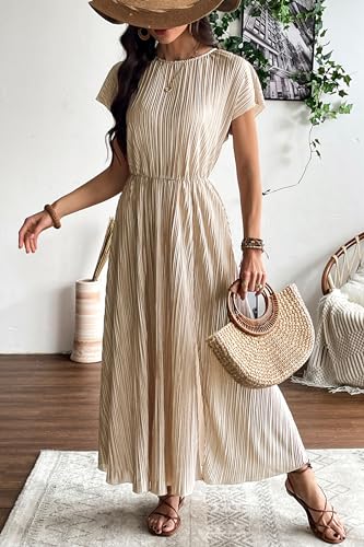 Image of CCTOO Womens Summer Maxi Dresses: Casual Short Sleeve Crewneck Slit Sundress Ruffle Pleated Long Flowy Party Cocktail Dress
