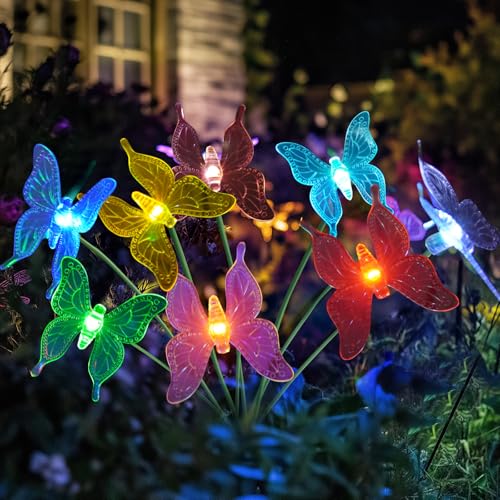 Solar Garden Lights, 2 Pack with 8 Butterfly Solar Lights Outdoor Decorations, Multi-Color Changing LED Solar Light Stakes, Solar Yard Lights for Garden Patio Lawn Yard Pathway Decor
