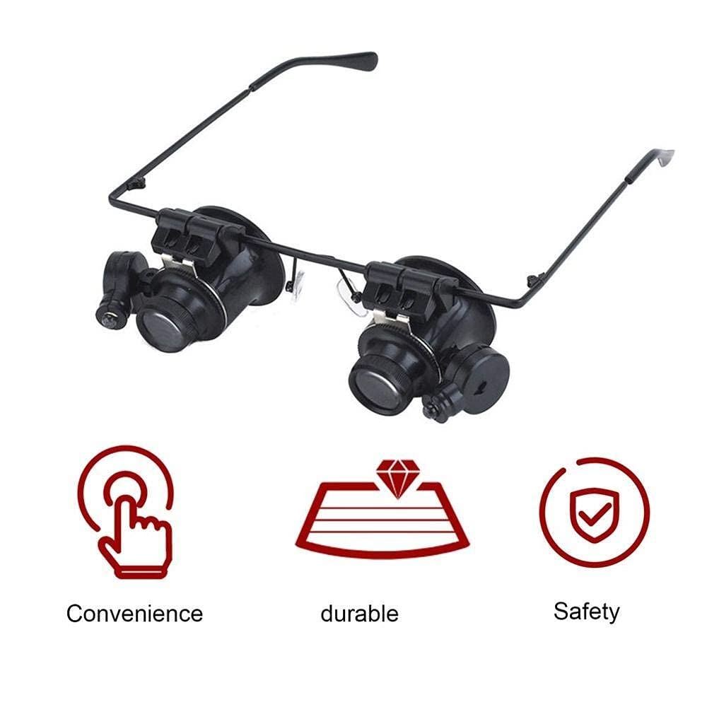 Lupa de reparación montada en la Cabeza, Lupa de Diadema para Gafas con luz LED, Lupa de 20 aumentos para relojero, joyero, Lupa de Lentes ópticas para Lectura/observación/repa,