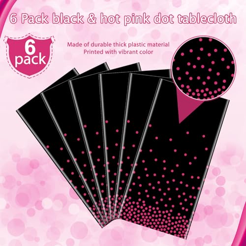 Image of 6 Pack Hot Pink and Black Plastic Tablecloth, Disposable Table Cloth for Rectangle Tables, Hot Pink Stamping Dot Black Tablecloth for Bachelorette Birthday Wedding Party Decorations, 54 inchx108 inch