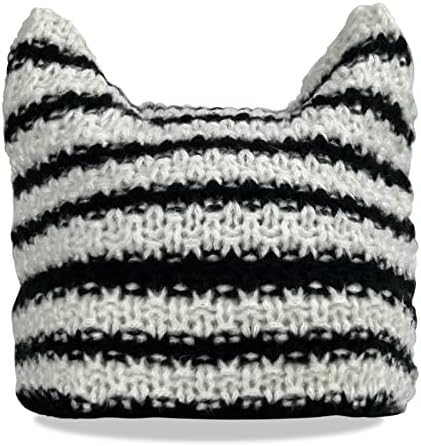 Cat Beanie for Women Knitted Crochet Fox Hat with Striped Winter Cap Y2K Accessories Grunge Goth Slouchy Vintage Beanies White Black