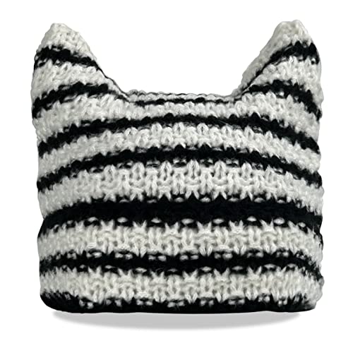 Cat Beanie For Women Knitted Crochet Fox Hat With Striped Winter Cap Y2K Accessories Grunge Goth Slouchy Vintage Beanies White Black #TOP1