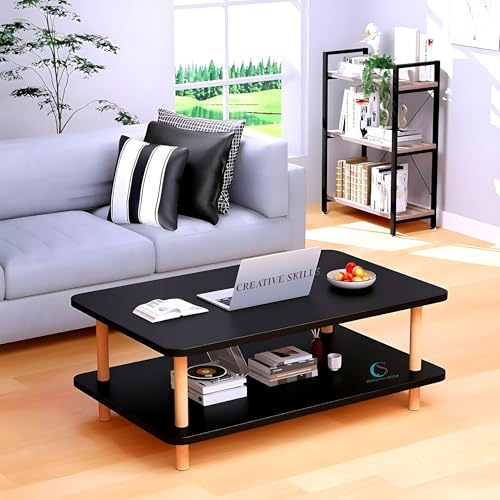 Image of Coffee Table - Rectangle Center Table for Living Room | Engineered Wood Tea Table with Storage | Stylish Teapoy Table for Hall, Lounge, and Office (Black)