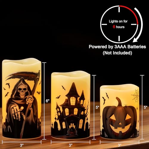 Image of Wondise Halloween Flameless Flickering Candles with 6 Hour Timer, Battery Operated Real Wax Halloween Candles Set of 3 Halloween Decoration Grim Reaper, Haunted House, Pumpkin (3 x 4 5 6 Inch)