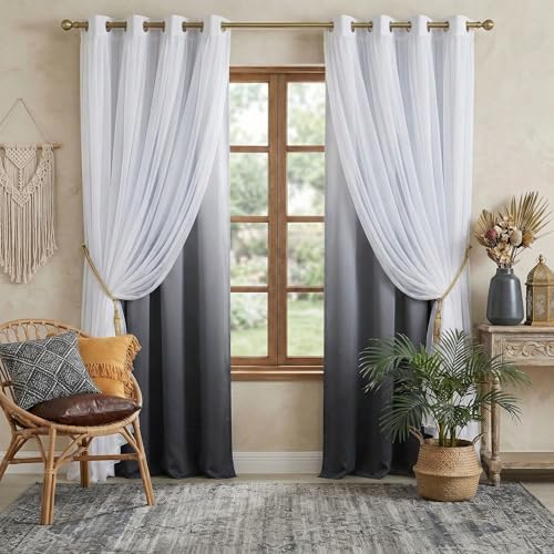 PONY DANCE Living Room Curtains - Blackout Curtains Grey Ombre with White Sheer Overlay Thermal Insulated Mix & Match for Home Decoration with Tie Ropes, W52 x L84 inch, 2 Panels