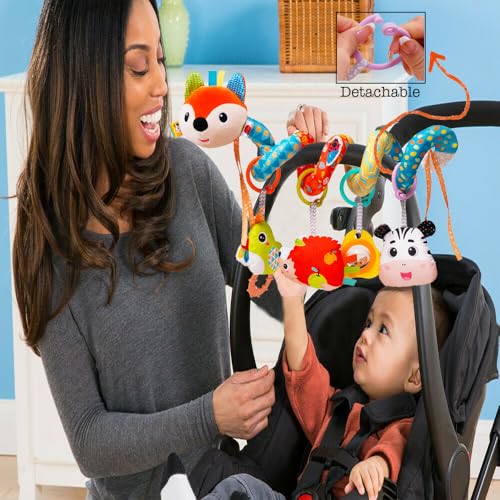 Image of Baby Car Seat Toys, Infants Spiral Fox Plush Toys for Babies 0-6 Months | Hanging Stroller Toy for Infant Boys and Girls 0 3 6 12 Months Newborn Sensory Gift Toy with Rattles Squeaker Music Teether