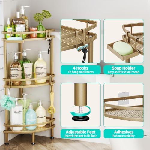 Image of HapiRm Standing Corner Shower Caddy - 3 Tier Shower Organizer Corner with Soap Holder and 4 Hooks, Rustproof Bathroom Storage Shelves with Adhesives, Gold