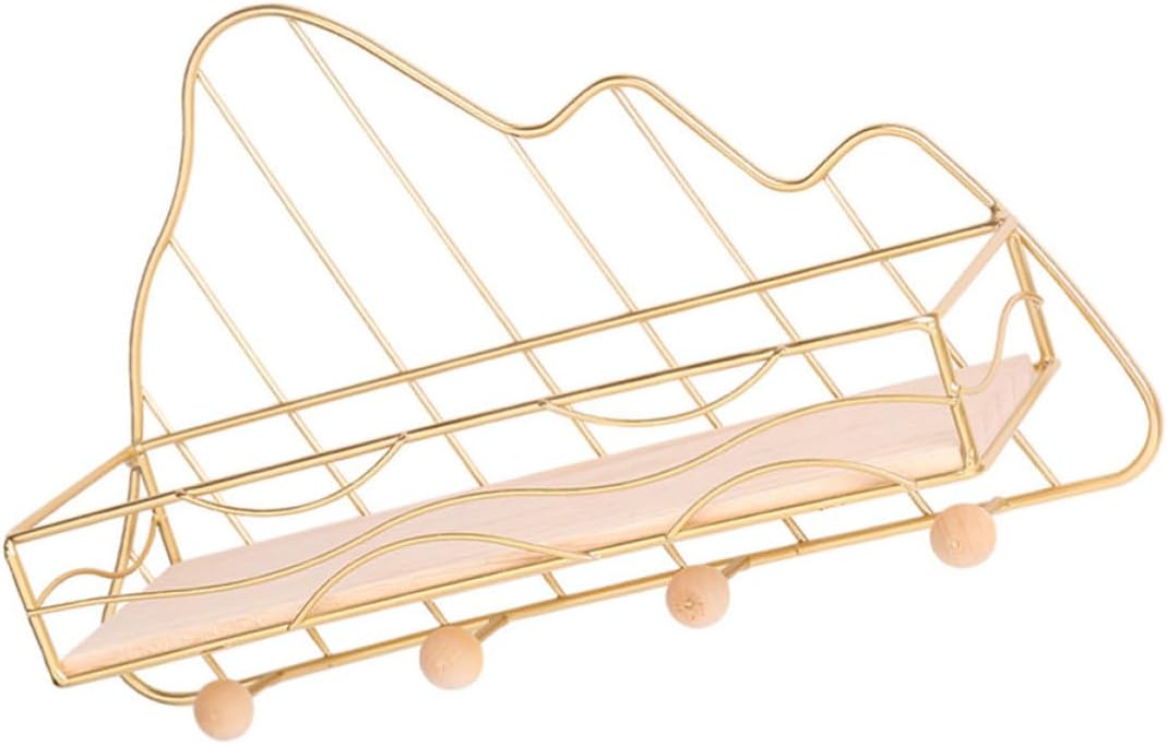 Multifunctional Wall-mounted Storage Rack with Hooks, Iron and Wood Material, Golden Finish, Creative Mountain Shaped Design, for Dorm and Bedroom Organization