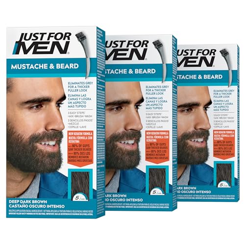 Just For Men Mustache & Beard Beard Dye for Men with Brush With Keratin Biotin Aloe and Coconut Oil for Healthy Facial Hair - Deep Dark Brown M-46 Pack of 3