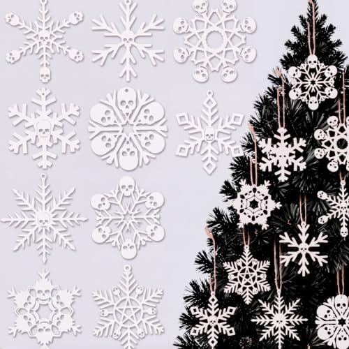 Vercraft 30 Pcs Spooky Christmas Ornaments for Tree Wooden Gothic Snowflake Tree Decorations Horror Black Snowflake Skeleton Hanging Ornament Creepy Winter Wood Cutout for Home Office Xmas Party Decor