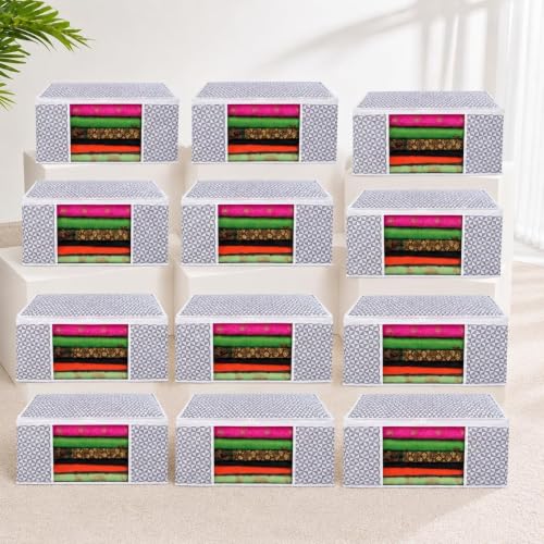 Image of VERVENIX Saree Cover Pack of 12, Grey Dot Pattern Garment Storage Bags with Zipper & Transparent Window, Dustproof Clothes Cover for Suits, Dresses, Coats & Shirts,46.3 x 36 x 22.5 CM