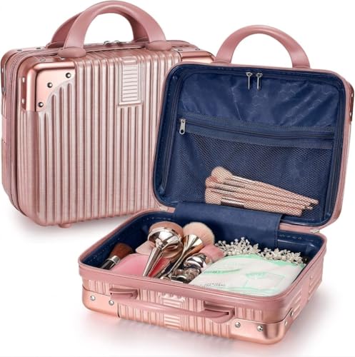 Image of Makeup Storage Case for Women, Portable Travel Cosmetic Organizer Box, Hard Shell Vanity Case with Carry Handle & Zipper, Rose Gold