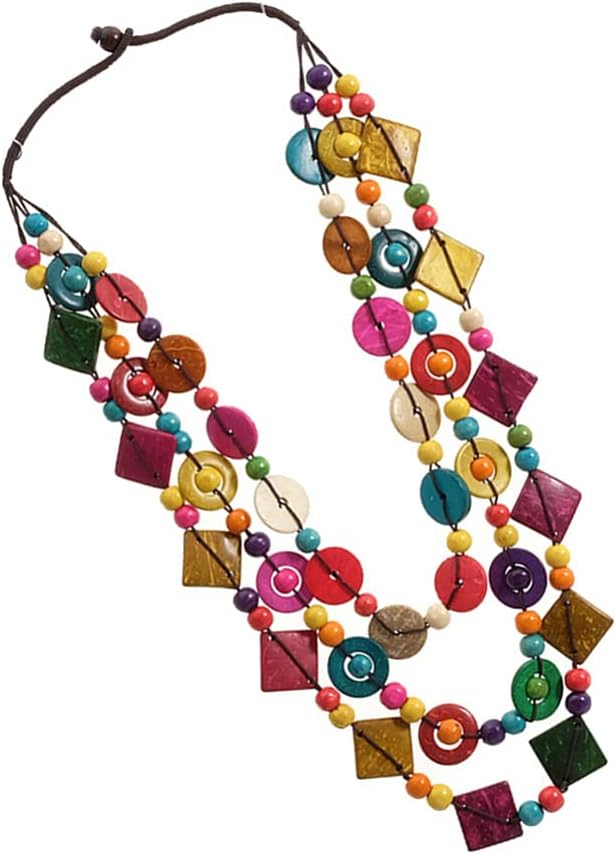 Bohemian Shell Necklace Wood Bead Statement Collar Necklace Chunky Layered Handmade Beaded Long for Women (Colorful) - Image 7