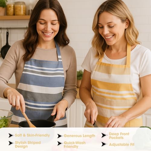 Image of Unisex Cooking Aprons | Waterproof Apron | Striped Design with 2 Front Pockets & Adjustable Neck Strap | Durable, Oil & Stain Resistant | Chef Apron for Cooking