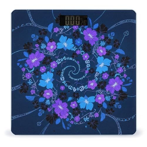 Báscula de baño digital con diseño floral azul, púrpura y negro