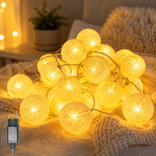 LED Lichterkette Baumwollkugeln mit Stecker 3 8m 20er Cotton Ball Lichterketten Kugeln Nachtlicht für Weihnachten Hochzeit Party Zimmer Wohnheim Innen Deko.
