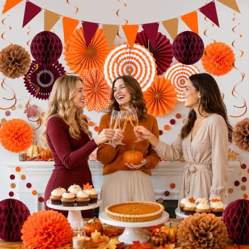 Image of 24 Pcs Fall Party Decorations, Burgundy Orange Paper Fans and Pom Poms Set