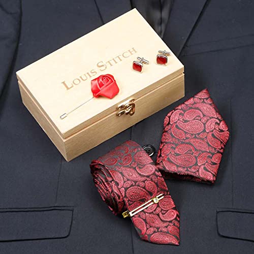 Image of LOUIS STITCH Mens Silk NeckTie Golden Tiepin Gift Combo Set With Pocket Square Cufflinks Brooch Tie Golden Tiepin (Suit Accessories) (Britain)