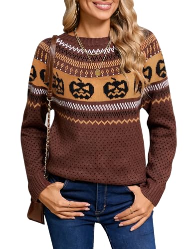 Image of Women's Fair Isle Sweaters Long Sleeve Crew Neck Loose Casual Halloween Pullover Sweater Brown X-Large