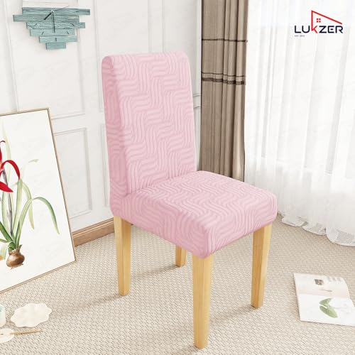Image of Lukzer Elastic Dining Chair Cover - 4PC Pastel Pink Ripple Lines | Textured High Stretch Jacquard Seat Cover | Removable Washable Short Dining Chair Cover Protector Seat Slipcover | (CC-161-04)