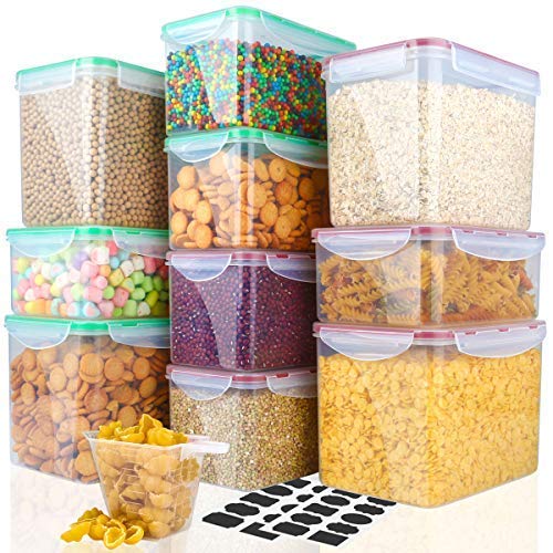 VERONES Airtight Food Storage Containers Set with Lids, 10pcs BPA Free Plastic Cereal Storage Containers Dry Food Canisters for Kitchen Pantry Organization and Storage, Include Labels, Black
