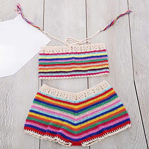 Women Rainbow Bohemian Handmade Crochet Knitted Beach Bikini Set Swimwear Bra Swimsuit (S, Multicolor) #TOP7