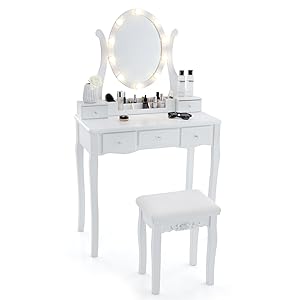 COSTWAY Tocador de Maquillaje con Luz y Taburete, Espejo 360°, Mesa Tocador con 10 Bombillas LED, 5 Cajones y Rejilla de Almacenamiento, Vanity de Maquillaje Moderno Dormitorio Blanco