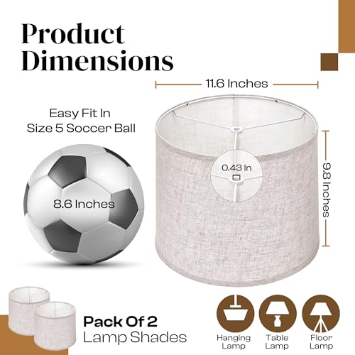 Lamp Shades Set of 2, Medium Drum Lampshades 11.6” Top x 12.6” Bottom x 9.8” Height, Hand Crafted Linen Fabric Drum Shape for Table Lamps (Beige), Universal Fit with Spider Fitter, Assembly Required
