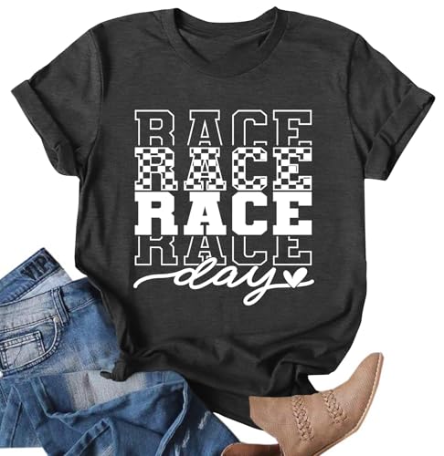 Womens Racing Shirt Race Day T-Shirt Racing Lover Tshirt Racing Gifts Tops Race Mom Short Sleeve Shirt(Grey, X-Large)