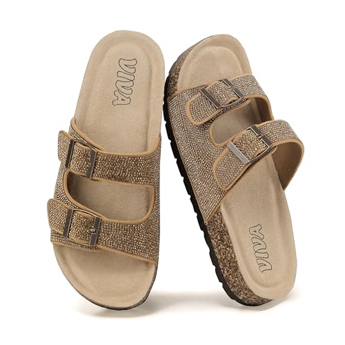 Image of VIVASHOES Women’s Double Buckle Cork Footbed Sandals - Adjustable Flat Slide Sandals for Ladies - Comfortable Open Toe Summer Slippers with Glitter Finish - Bronze UK 3