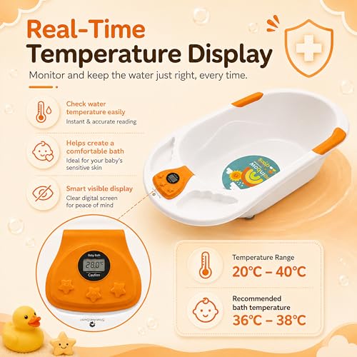 Image of StarAndDaisy Baby Bath Tub for 0 to 5 Years with Temperature Sensing Meter & Anti-Skid Legs /Baby Bathing Tub for Newborn & Toddlers /Kids Bath Tub (SBT-White Orange)
