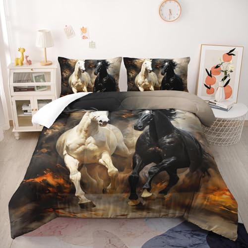 Nttopship Horse Print Comforter Set King Size,Black and White Horse Bedding Set, Western Farm Animals Printed Quilted Set for Girls Boys Adult,with 1 Comforter and 2 Pillow Case