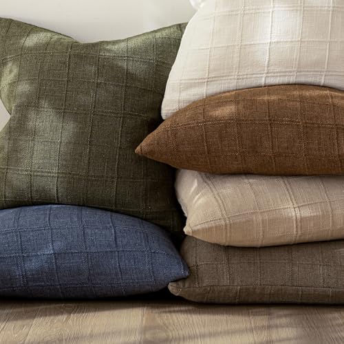 Image of Foindtower Set of 2 Decorative Linen Check Throw Pillow Covers Neutral Long Body Lumbar Cushion Covers Farmhouse Vintage Boho Home Decor For Sofa Chair Couch Bedroom Living Room,14x36 Inch,Light Brown