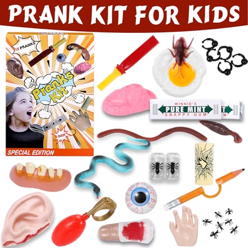 Prank Kit for Kids - 18 Gags & Practical Joke Toys - Prank Stuff for April Fools - Ultimate Practical Jokes - Gag Gifts for Kids - Big Funny Toys Pack Set Box