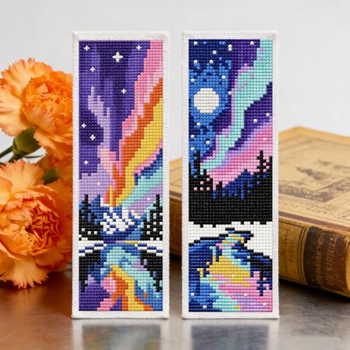 Image of ACRNIGHEET 6PCS Cross Stitch Kits Stamped Cross Stitch Bookmark Kit for Beginner Adults Colorful Aurora Embroidery Bookmark Kit Needlepoint Kits with Instructions Book Lovers Craft Gift 8.5''x3'' 11CT