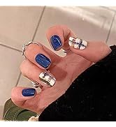 24Pcs Vintage Blue Plaid Press on Nails Square Short Fake Nails Full Cover Glossy Stick on Nails ...