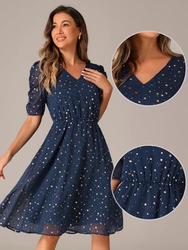 Image of Allegra K Chiffon Dress for Women's Metallic Stars Ruched Sleeve V Neck A-line Dress