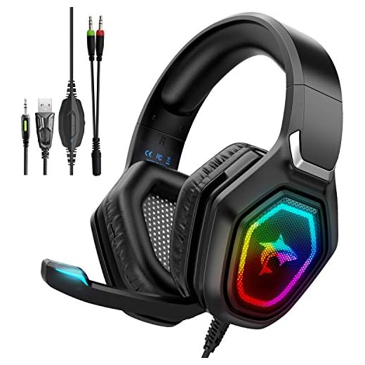 Spelheadset för Xbox One PS4 PS5 PC Nintendo Switch – spelhörlurar med mikrofon, 3,5 mm trådbundna Over-Ear spelheadset med 7.1 surroundljud, RGB-lampor, headsetdelare och in-line-kontroll