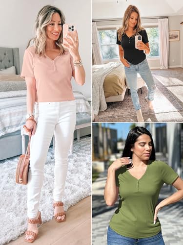 ATHMILE Womens Summer Short Sleeve V Neck Ribbed Knit Button Tunic Henley Solid Color Trendy BasicTee4