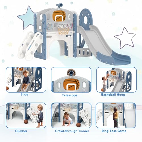 XJD 8 in 1 Toddler Slide Set, Kids Slide for Toddlers Age 1+, Toddler Climber Slide PlaySet with Basketball Hoop and Ball,Outdoor Indoor Playground for Toddlers 1-3 (Blue Gley, 8 in 1)