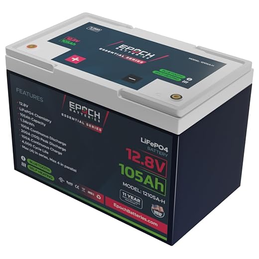 12V 105Ah Essential Series - Bluetooth & Heated LiFePO4 Battery, Group 24 for Marine, RV, Solar, Off-Grid Power Systems (12V 105Ah)