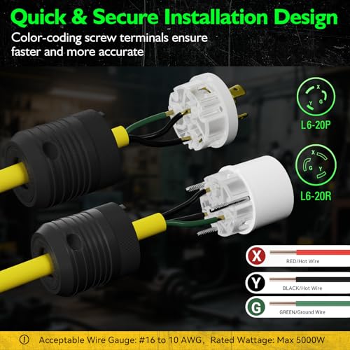 Image of 1 Pack NEMA L6-20P Locking Plug, 20 Amp Generator Replacement Plug 250V 2 Pole 3 Wire Grounding,Twist Lock Adapter Male Plug , Industrial Grade Heavy Duty, UL Listed (E355464)