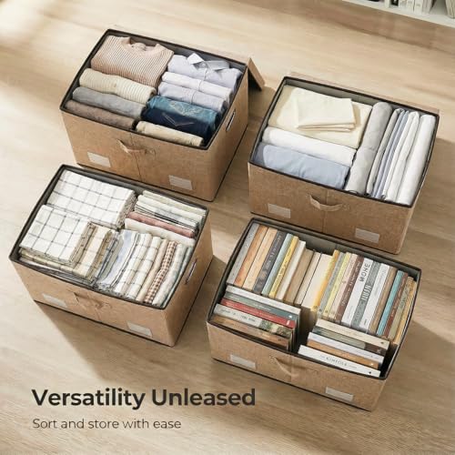 Image of PRANDOM Storage Bins with Lids [3-Pack] Jute Fabric Foldable Storage Boxes Organizer Containers Baskets Cube with Cover for Home Bedroom Closet Office Nursery khaki（23.4X15.9X11.5